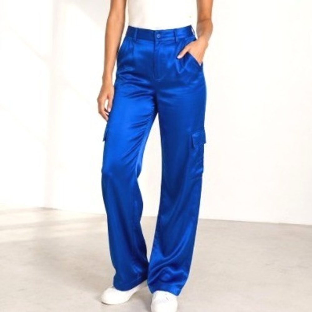 YFB Young Fabulous & Broke Royal Blue Satin Cargo Pants Wide Leg XS